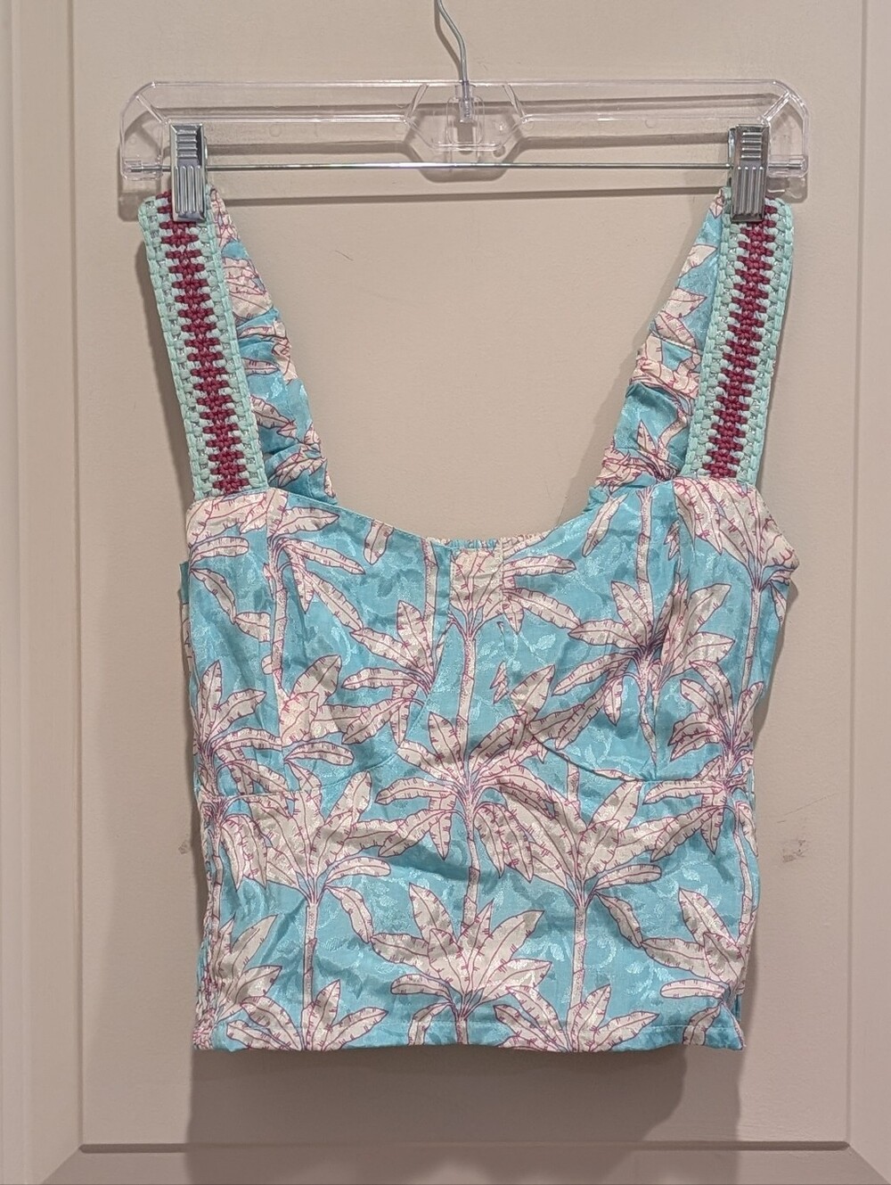 NKN nekane Aqua Palm Print Cropped Tank Top with Braided Straps Medium